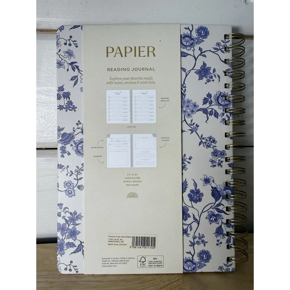 PAPIER READING JOURNAL TOILE BLUE B5 HARDCOVER SPIRAL BOUND 24 BOOK